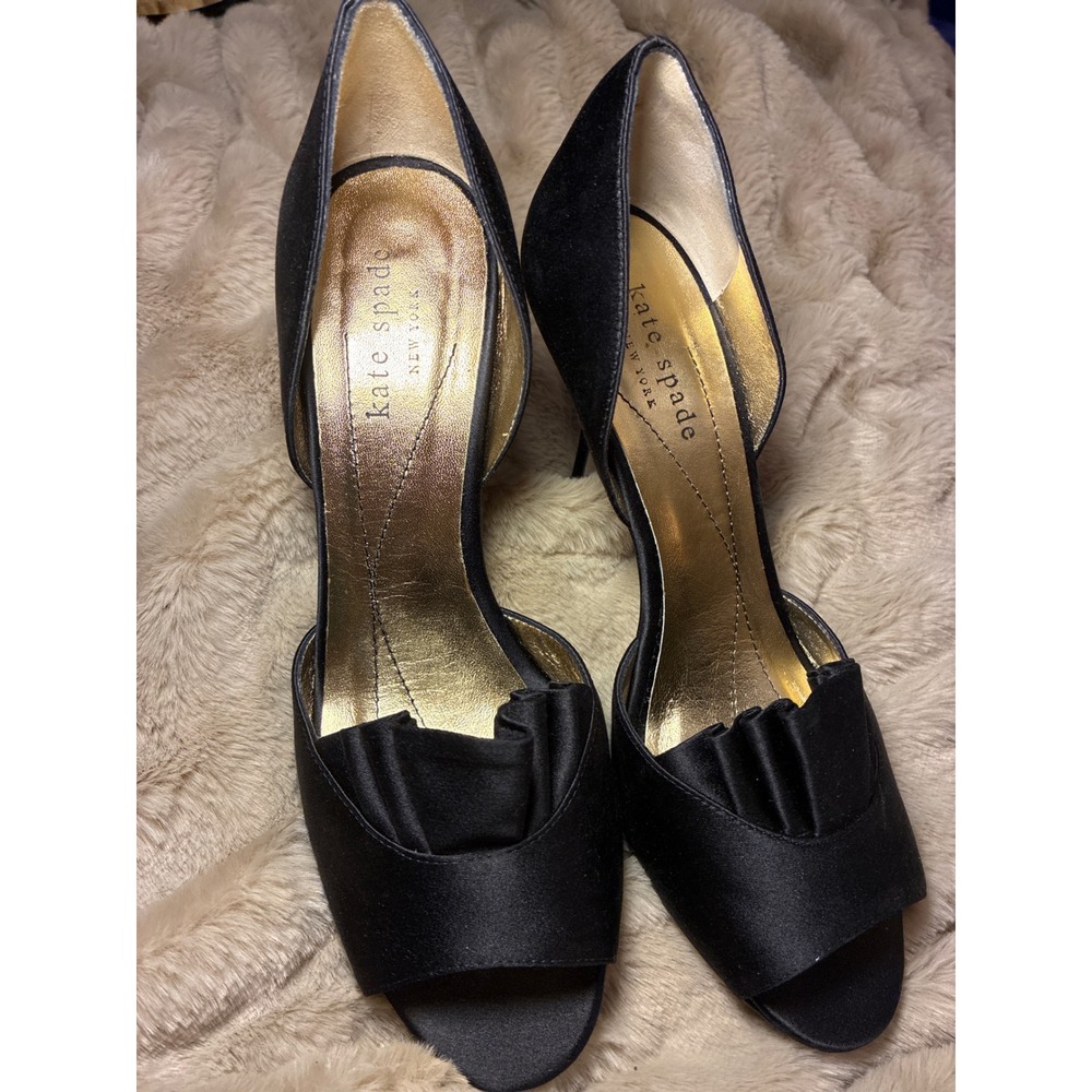 Kate Spade New York Black Satin Ruffle Peep Toe dOrsay Heels Made in Italy 6B